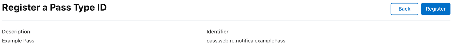 developer portal confirm register pass type id