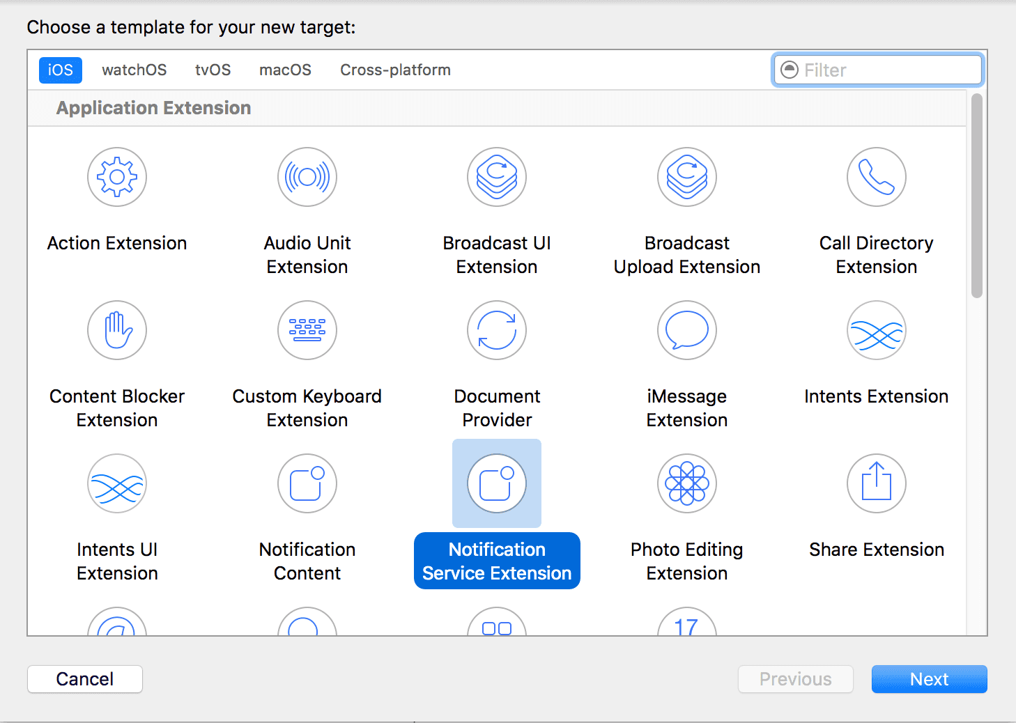 xcode service extension select extension