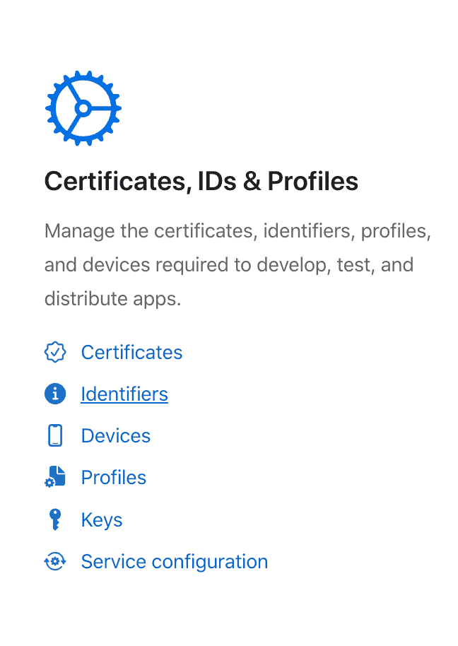 developer portal certificate identifiers menu