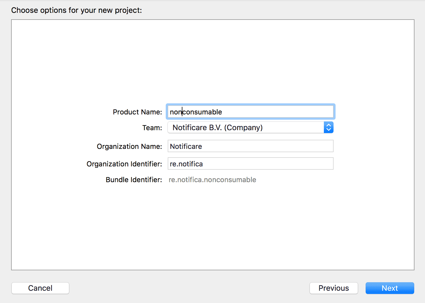xcode product name screen