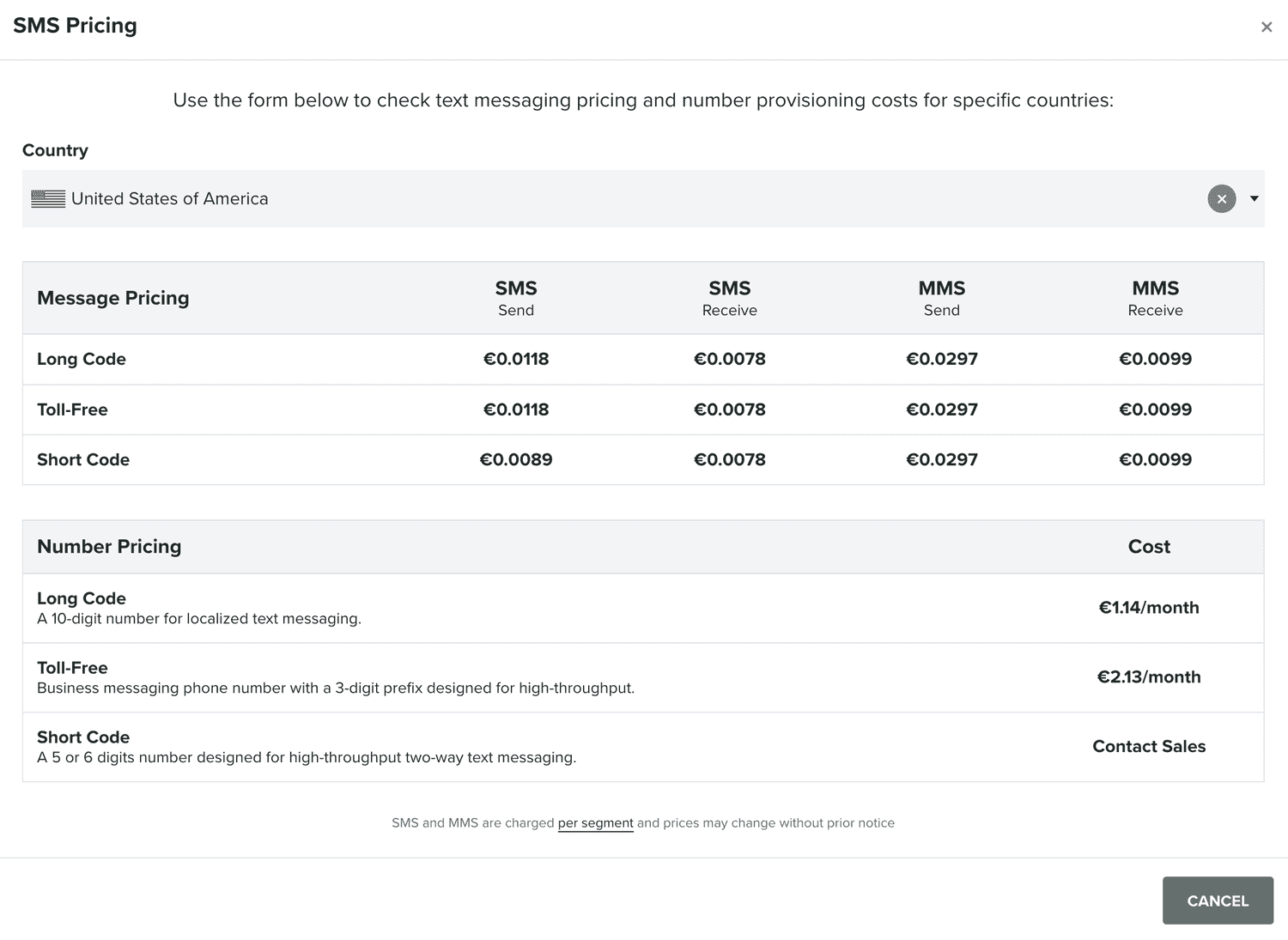 sms pricing window