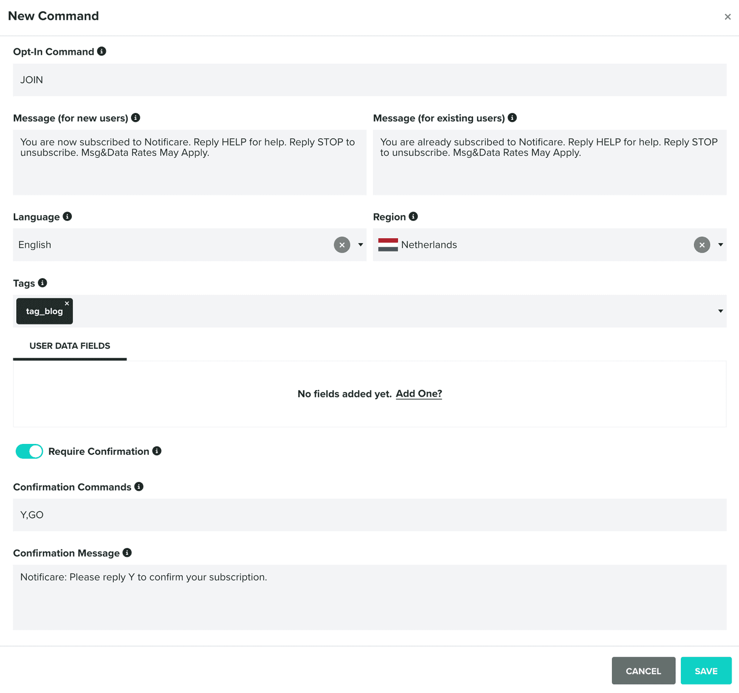 custom opt in commands complete modal