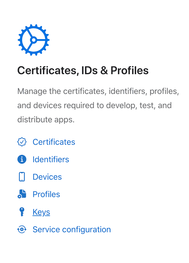 developer portal certificate keys menu